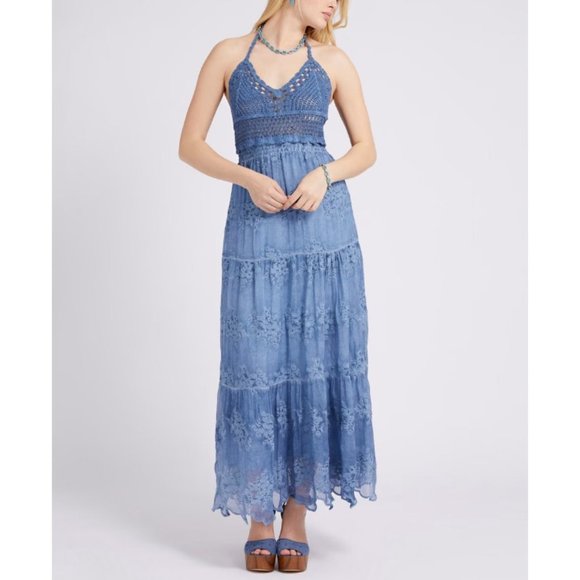 Guess Vanda Crochet V-neck Halter Silk Blend Long Dress Blue Womens Large - Picture 4 of 12
